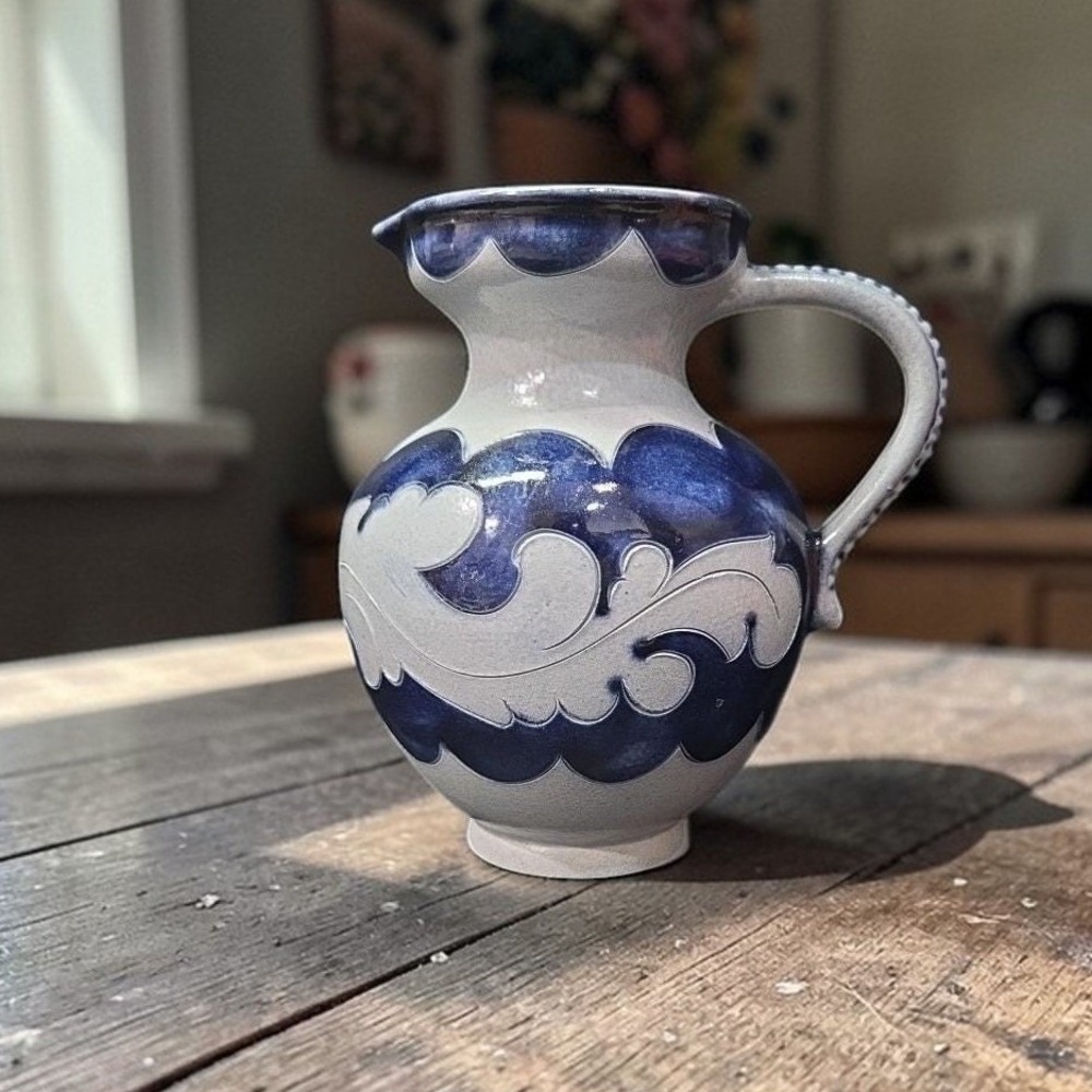 Salt Glaze Gray Cobalt Blue Pitcher, Replacement Studio Pottery Marked Stoneware